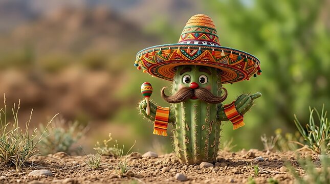 Colorful cactus in sombrero and maracas celebrating ,Hispanic Heritage Celebration Month, Latino Ctivalultural Festival, Cinco de Mayo, D&iacute;a de los Muertos, Carnaval, Inti Raymi