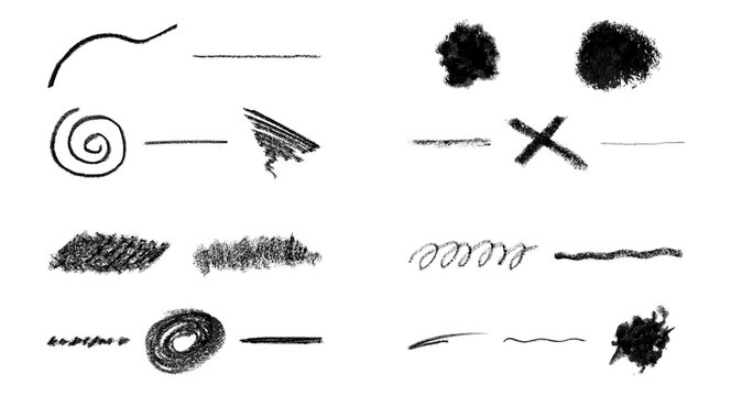 Hand drawn charcoal pencil strokes and scribble textures collection isolated on transparent background