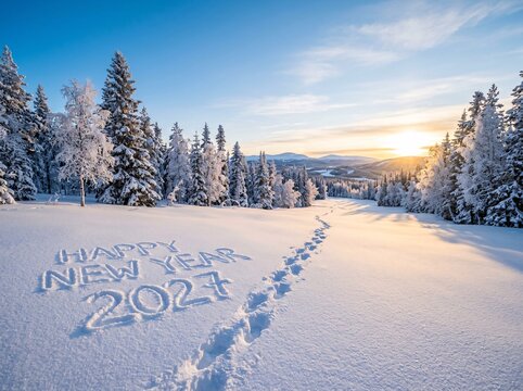 Happy new year 2027 written in fresh snow with a trail of footprints through forest