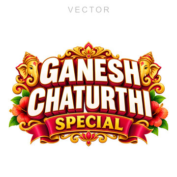 Ganesh Chaturthi Special 3D English typography with golden accents and red ribbon design.