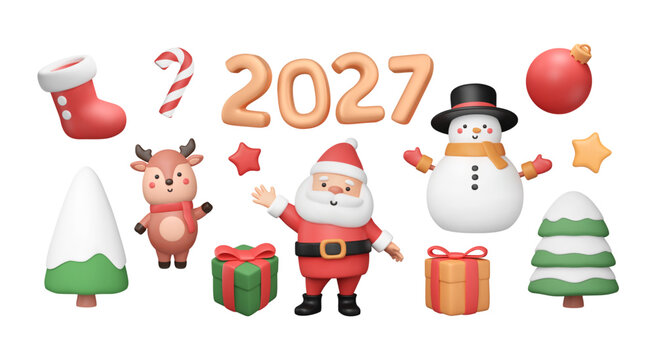 Set of Christmas 3d elements. 2027 numbers, Santa Claus in plastic style, deer baby, snowman, trees, gifts and decorative objects. New Year cartoon stickers. Xmas icons. Vector illustration. 
