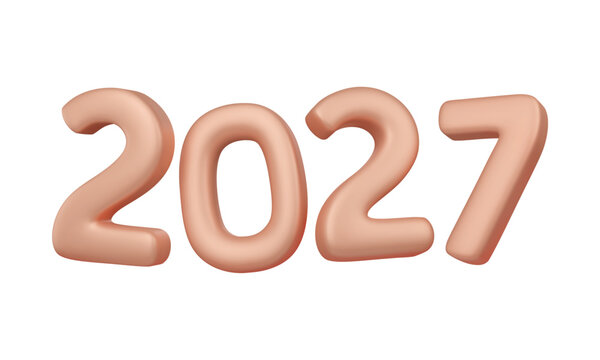 2027 numbers 3d render in plastic style. New Year text in bronze, golden colors with glowing effect. Vector isolated illustration.