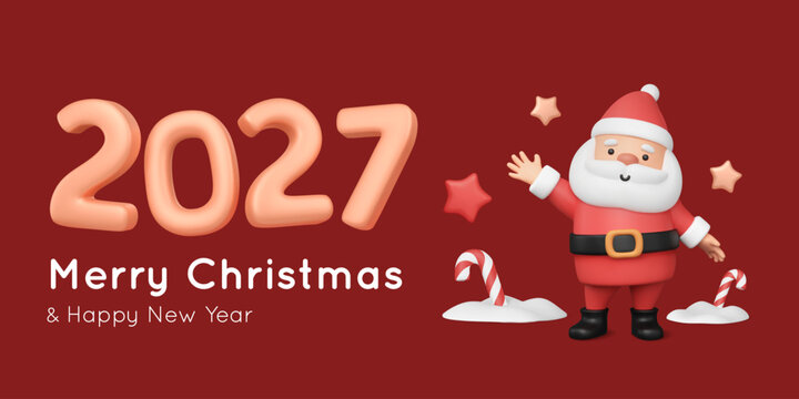 2027 New Year banner with 3D Santa Claus. Christmas greeting card template with festive elements on red background. Cute character in plastic style. Cartoon vector illustration