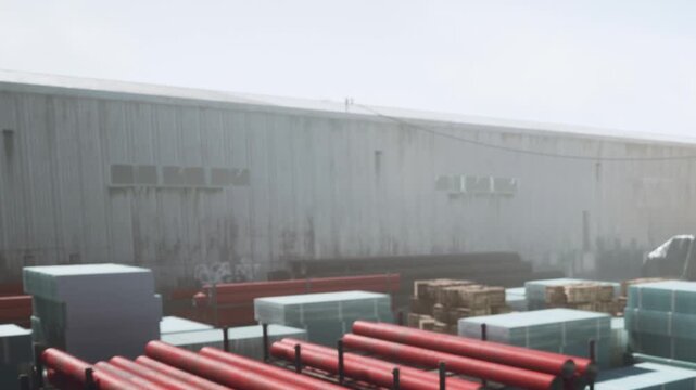 Workers organized various construction materials in a storage area near a warehouse. The scene shows pipes, wooden crates, and sheets stacked neatly outside in morning light.