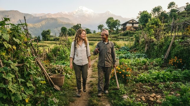 World Tourism Day Concept with Woman Walking and Talking with Local Farmer on Mountain Village Trail