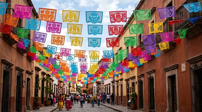 Vibrant Mexican Street Festival with Papel Picado ,Hispanic Heritage Celebration Month, Latino Ctivalultural Festival, Cinco de Mayo, D&iacute;a de los Muertos, Carnaval, Inti Raymi