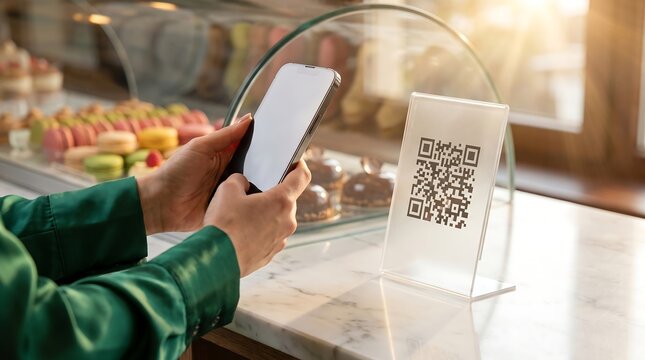 Woman Scanning QR Code with Smartphone for Contactless Payment in Cafe