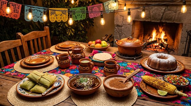 Vibrant Mexican Fiesta Table Setting with Traditional Food ,Hispanic Heritage Celebration Month, Latino Ctivalultural Festival, Cinco de Mayo, D&iacute;a de los Muertos, Carnaval, Inti Raymi