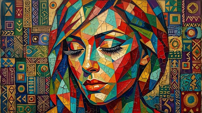 Vibrant Latina woman in traditional mosaic art ,Hispanic Heritage Celebration Month, Latino Ctivalultural Festival, Cinco de Mayo, D&iacute;a de los Muertos, Carnaval, Inti Raymi