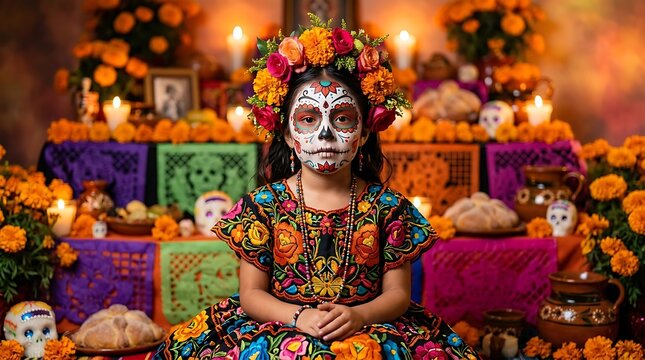 Mexican girl in colorful dress celebrating Day of the Dead ,Hispanic Heritage Celebration Month, Latino Ctivalultural Festival, Cinco de Mayo, D&iacute;a de los Muertos, Carnaval, Inti Raymi