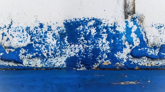 Seamless 4K looping vertical movement across a weathered painted brick wall with peeling blue and white paint. Ideal for urban backgrounds and grunge motion design.