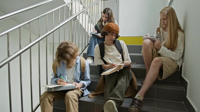 Caucasian teenagers sitting on school staircase, writing in notebooks and studying. Footage is ideal for educational marketing, back-to-school campaigns, and high school promotional videos