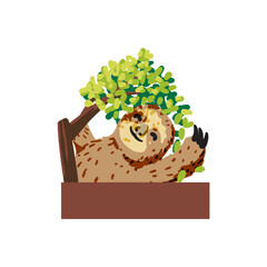 Naklejka premium Hand drawn funny sloth character relaxing under leafy canopy with blank banner space. Sweet tropical wildlife graphic element, ideal for kids room decor, educational poster or invitation.