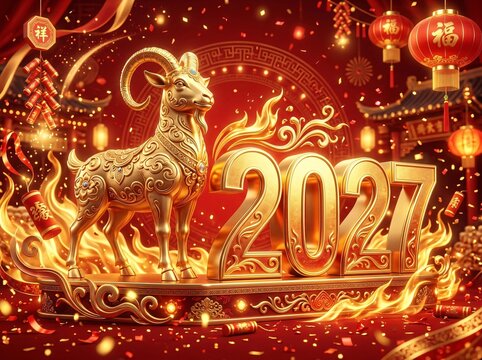 Golden goat sculpture for 2027 chinese lunar new year celebration with horoscope