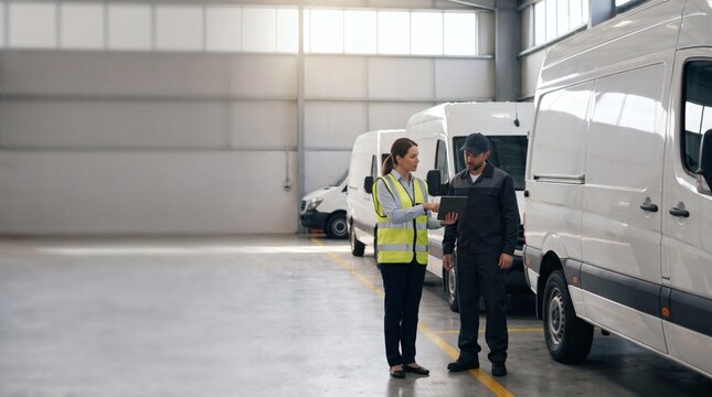 Supervisor and technician inspecting fleet vans in warehouse