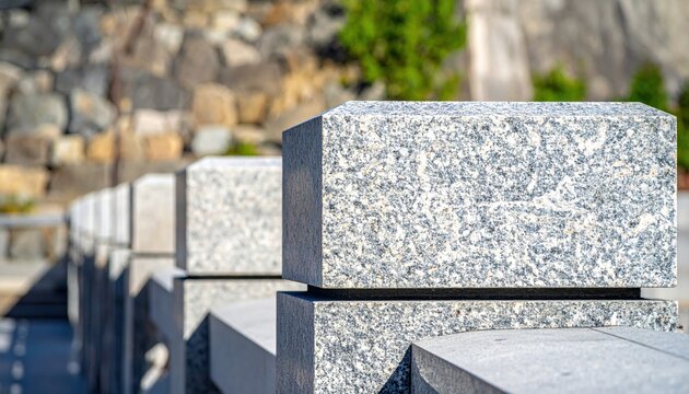Interlocking polished granite stone blocks forming an architectural structure in an outdoor setting