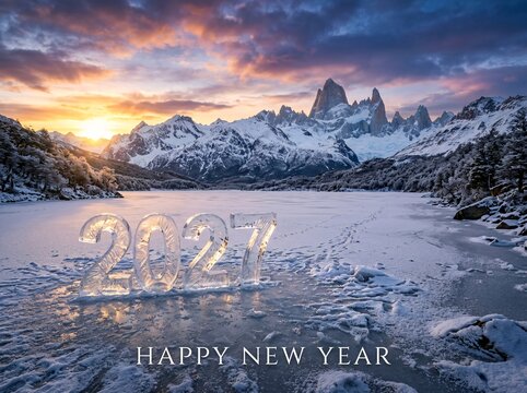Happy new year 2027 ice sculpture on a frozen lake with mountain sunset view