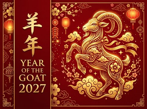 2027 year of the goat chinese zodiac calendar poster with horoscope, traditional