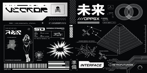 Futuristic Sci-fi design graphic box with HUD interface, digital lettering, cyberpunk elements for typography, t-shirt, streetwear. Vector Cyberpunk HUD, UI set. Translation from Japanese - future © hamid