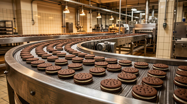 Automated conveyor belt moving freshly baked chocolate sandwich cookies in generated using ai