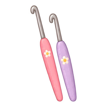 Cute Pink and Purple Crochet Hooks Pair with Floral Detail Isolated on White Background Vector