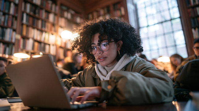 Focused Female Student Working on Laptop in University Library