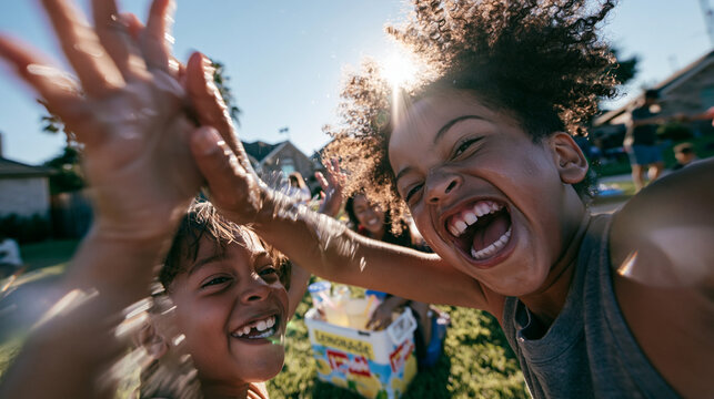 Joyful Kids Celebrating with High Five at Summer Lemonade Stand
