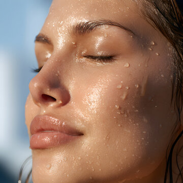 Dew Drops Glistening on Skin Face Close Up