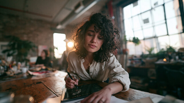 Young Female Artist Drawing on Digital Tablet in Studio