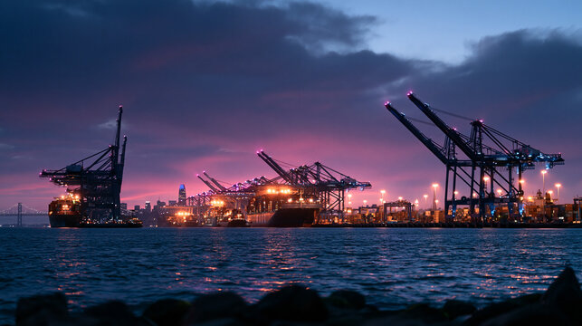 Container Terminal and Cargo Port Cranes at Twilight