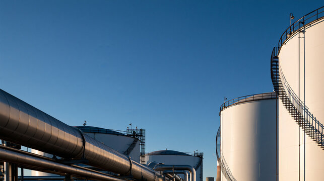 Industrial Oil Storage Tanks and Pipeline Facility Under Blue Sky