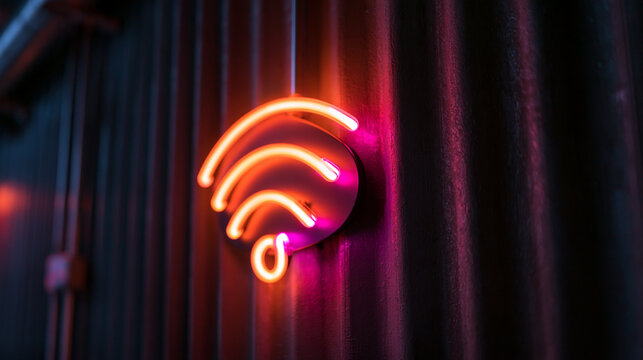 Neon WiFi Symbol Glowing on Dark Corrugated Wall