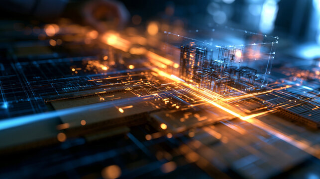 Futuristic Smart City Hologram on Digital Microchip Circuit Board