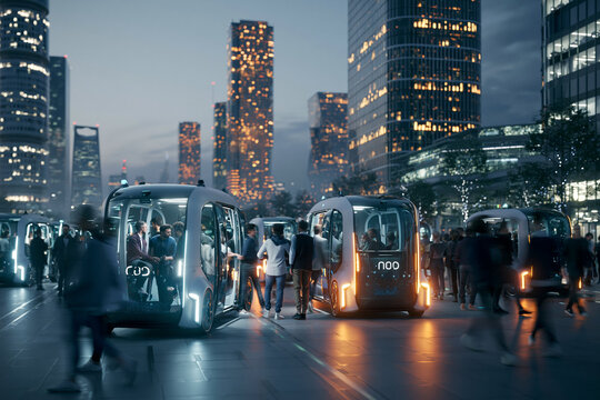 Autonomous Electric Shuttle Pods in Modern Smart City at Night