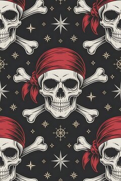 Pirate skull crossbones bandana red seamless pattern vintage vector