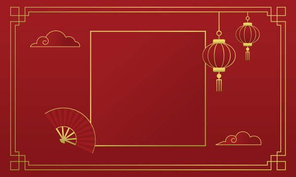 Chinese New Year background with golden square frame, hanging paper lanterns, folding fan and traditional clouds on red backdrop.