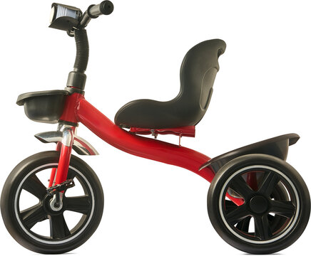 red kids tricycle isolated white background, black seat and three wheels children ride on toy, side view