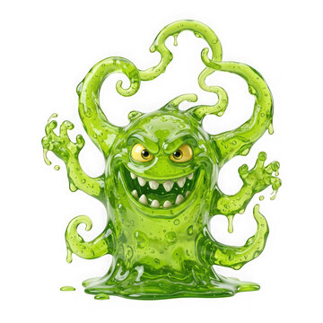 Funny green slime monster character with tentacles and wide grin, isolated on transparent background