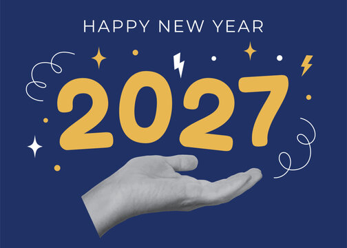 Happy New Year 2027 horizontal banner in modern pop art collage style. Open hand holding 2027 numbers with festive doodles on blue background.