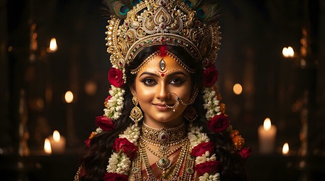 Portrait of goddess durga with traditional jewelry and flowers