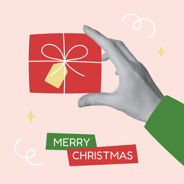 Merry Christmas pop art collage poster. Human hand holding red gift box with paper cut text layout.