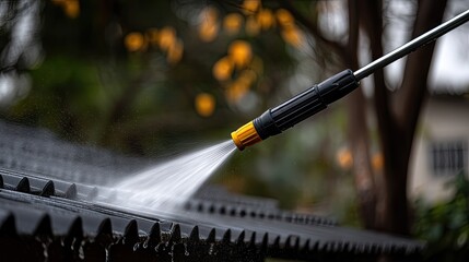 Fototapeta premium Pressure washer wand sprays water on dark grey tiled roof with blurred trees in the background