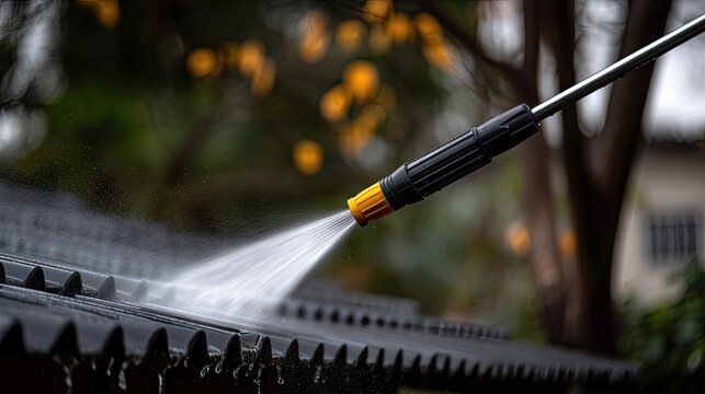 Pressure washer wand sprays water on dark grey tiled roof with blurred trees in the background