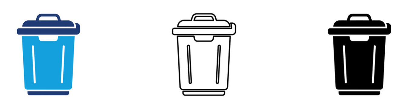 Blue Black Trash Bin Waste Management Icon Set with Filled and Outline Styles for Garbage Disposal Recycling Sanitation and Environmental Cleaning