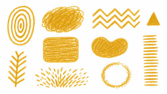 Hand drawn gold crayon doodle shapes set including concentric circles, zigzags, generated using ai