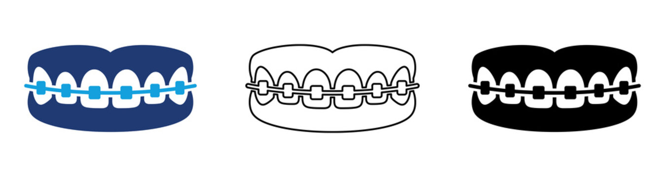 Blue Black Orthodontic Braces Teeth Icon Set with Filled and Outline Styles for Dental Alignment Dentistry Oral Healthcare Tooth Correction and Orthodontic Treatment