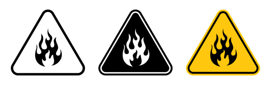 Fire hazard warning sign set, Flame symbols in outline, solid and yellow triangular designs for flammable materials, industrial safety and emergency awareness, Vector illustration.