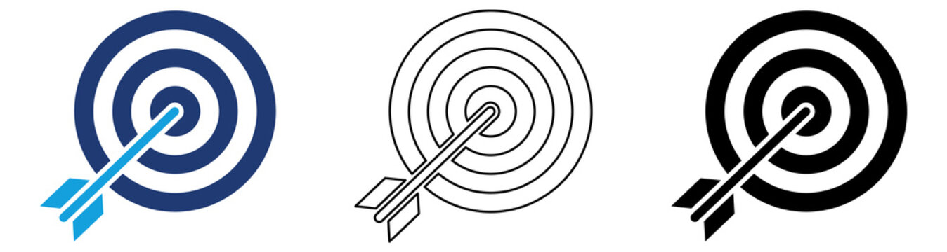 Blue Black Target Achievement Bullseye Icon Set with Filled and Outline Styles for Goal Tracking Success Strategy Business Planning and Performance Management