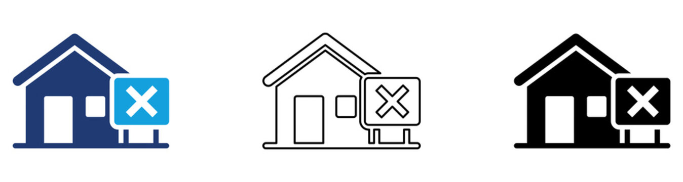 Blue Black Property Removal House Delete Icon Set with Filled and Outline Styles for Real Estate Demolition Property Management Asset Removal and Housing Services