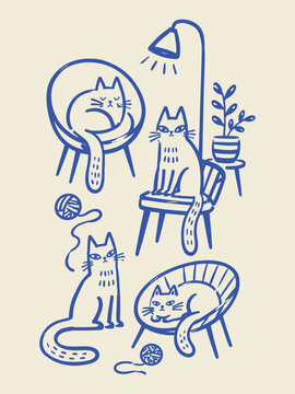 Cats at Home Naive Style Vector Illustration